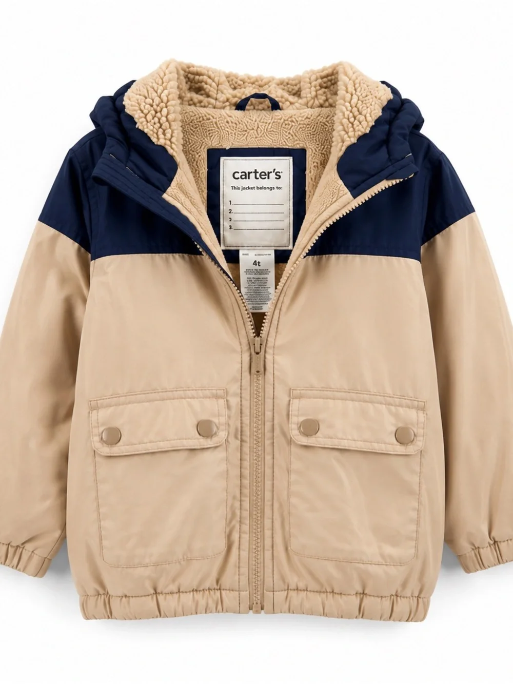 Carter's Two-Tone Hooded Puffer Jacket in Beige and Navy